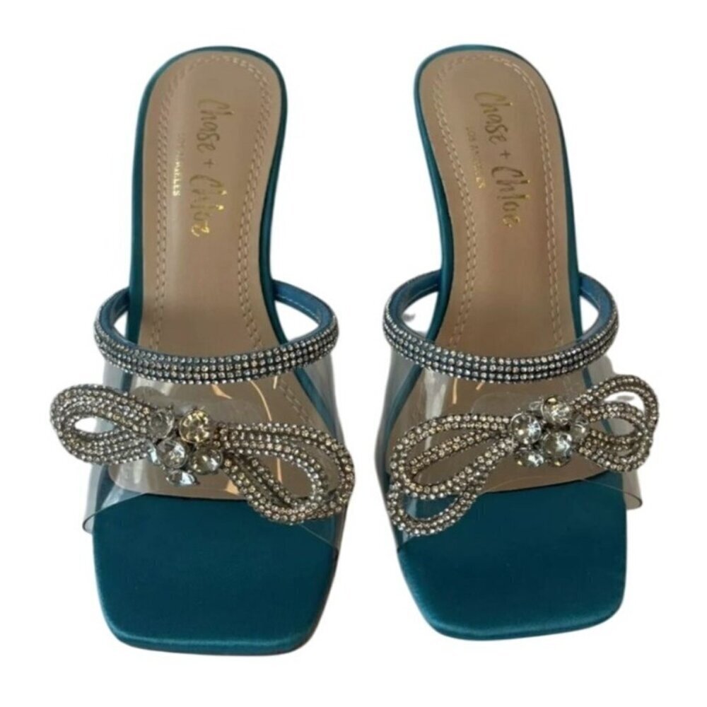 CHASE+CHLOE/ Turquoise Bow / Blue / Rhinestone / Embellished/  Heeled Sandals - Picture 5 of 8